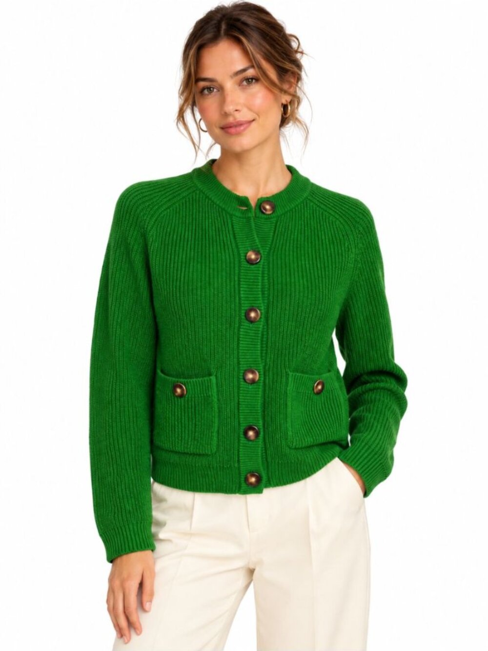 Sezane Women's Madeline Cardigan Sweater Green Wool Cotton Blend Classic Size S